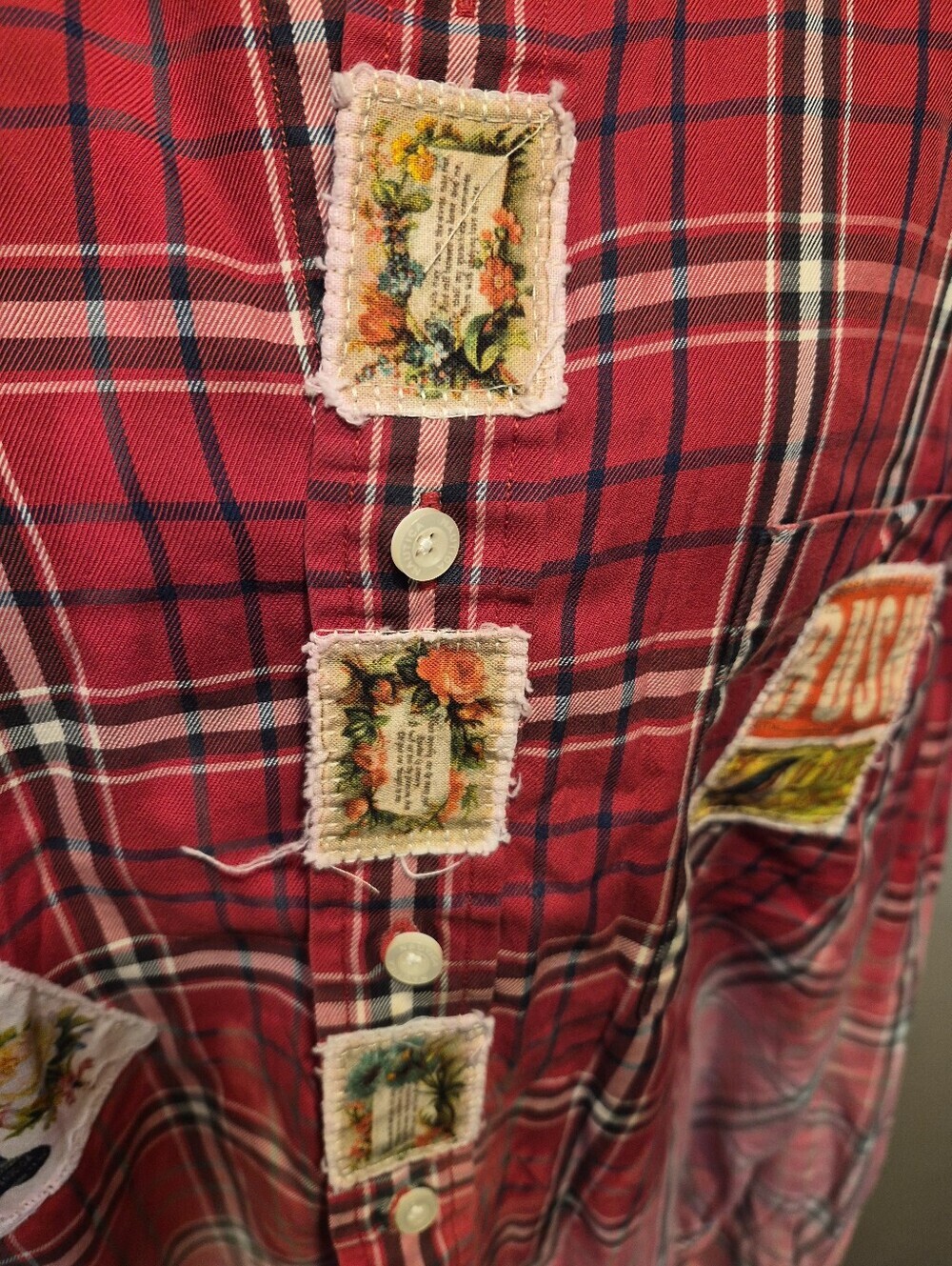 Nautica Upcycled Red Ombre Plaid Button-Up Shirt With Patches - Picture 4 of 10